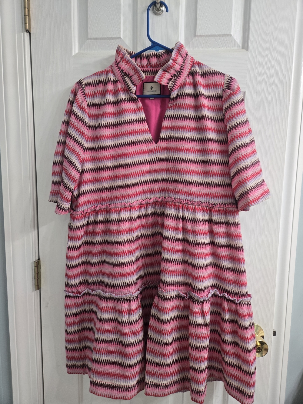 Tuckernuck Pink and White Striped Short-Sleeve Tiered Crawford Dress